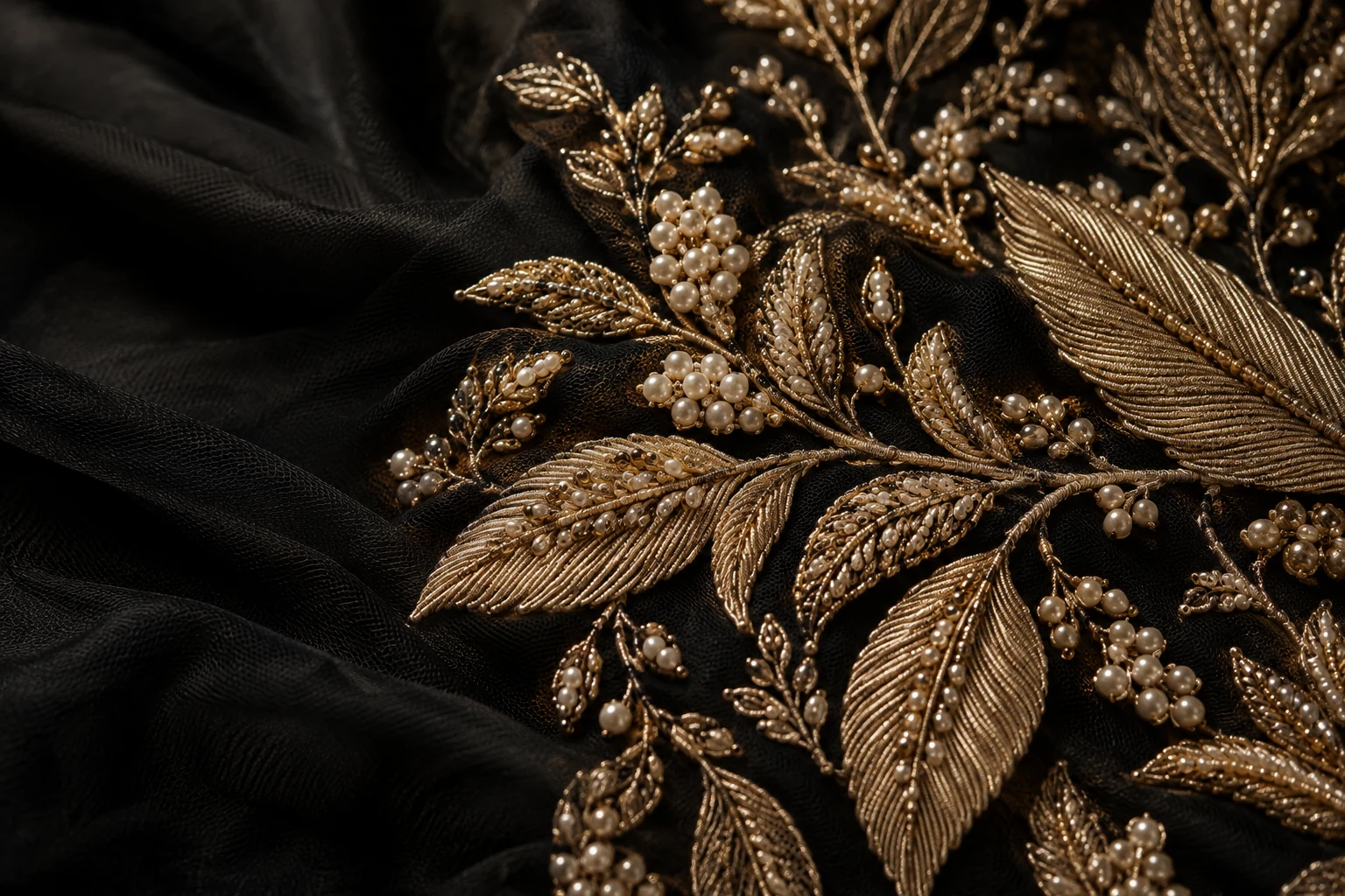 Gold botanical embroidery on black tulle