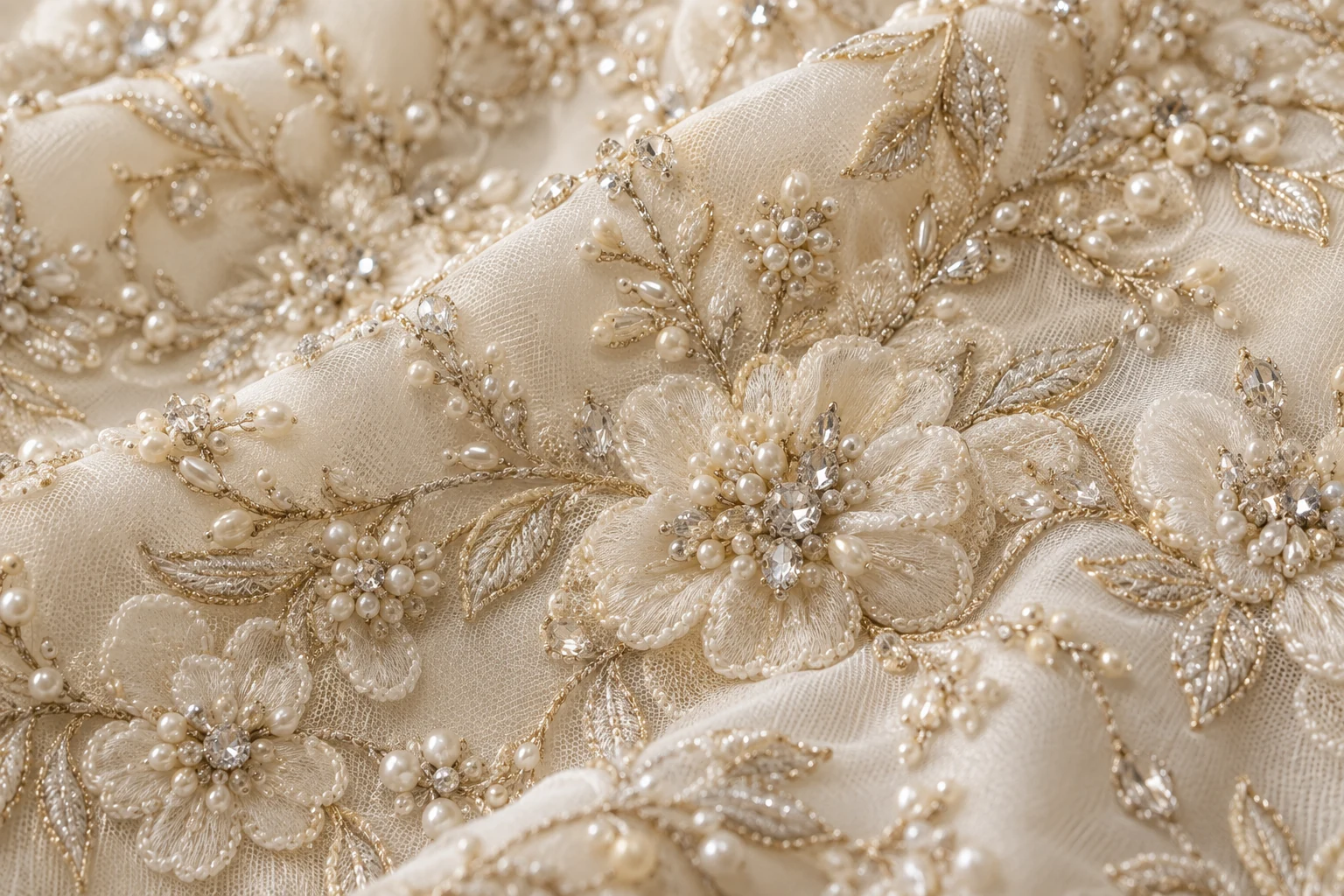 Pearl and crystal floral embroidery on ivory fabric